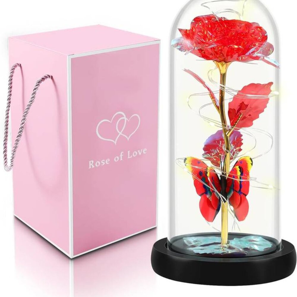 Hostreat Preserved Rose with Butterfly Glass Dome with LED Light (Color May Vary